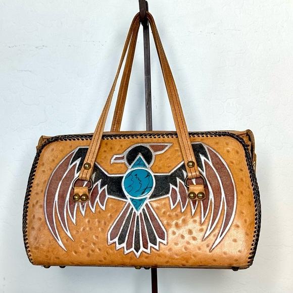 VINTAGE EMBOSSED LEATHER THUNDERBIRD DESIGN-WOVEN LEATHER HANDBAG-Metallic, t